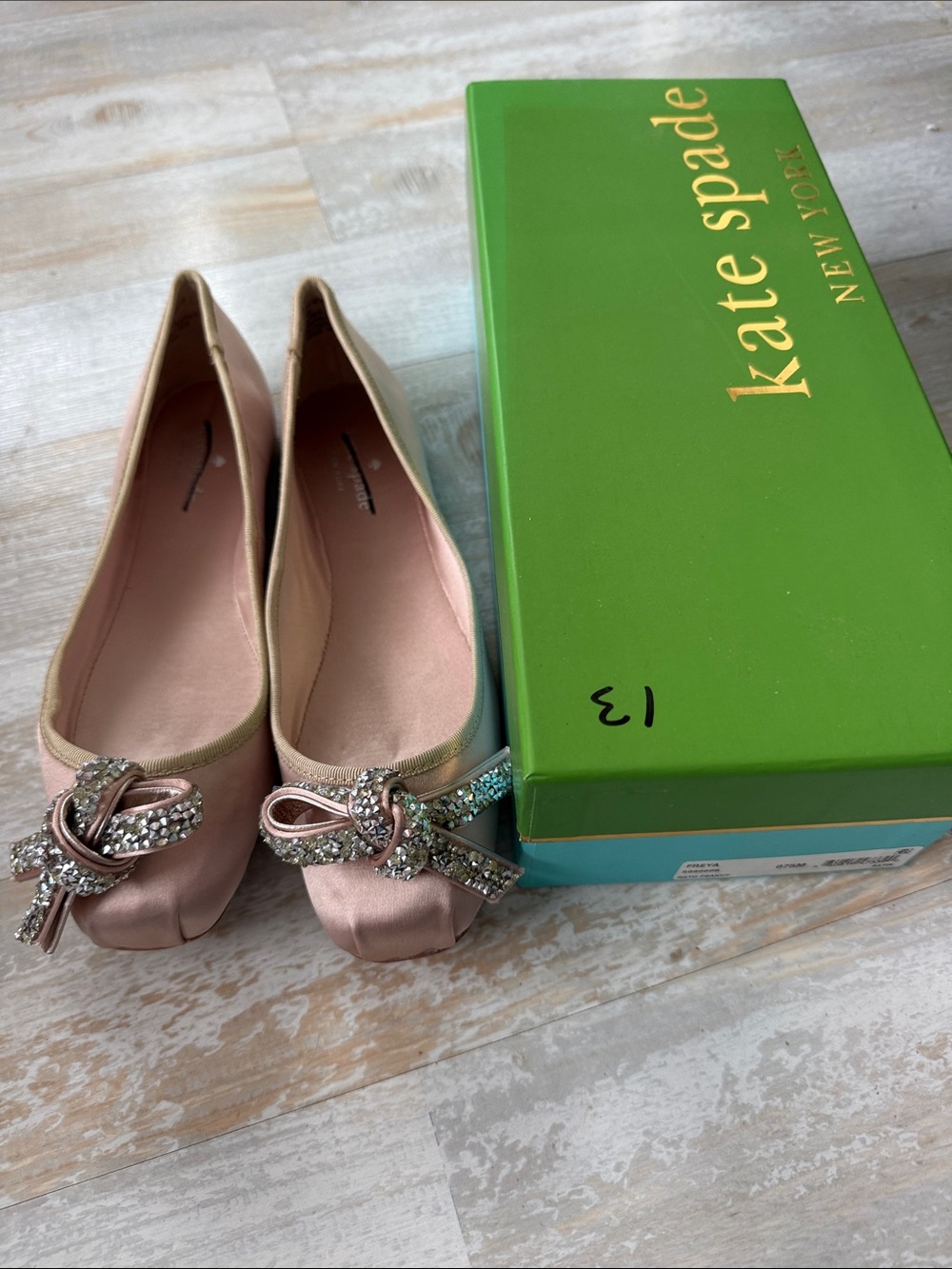 kate spade FREYA RSTD PEANUT satin flats with crystal bow. Size 7 1/2. NIB